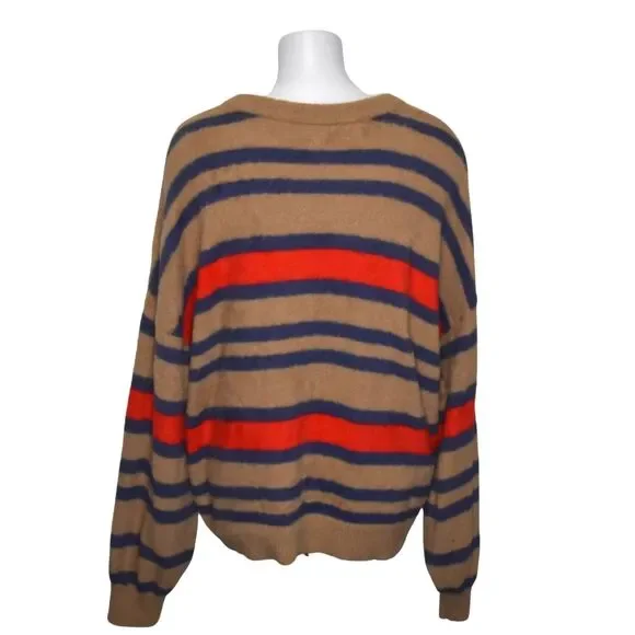 Aerie Oversized Fuzzy Striped Sweater Tan Red Blue Cozy Warm Womens XL - Picture 2 of 6